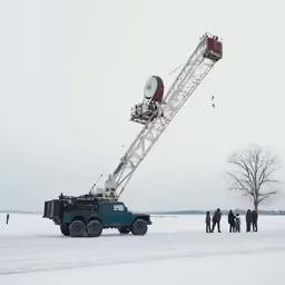 there is a crane going over the top of a vehicle in the snow