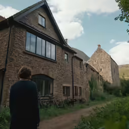 the woman is walking away from the building with no doors