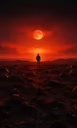 a man is standing alone in the desert at sunset