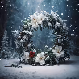 snow covered evergreen and flower wreath for an artistic christmas card