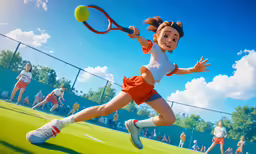 a cartoon tennis player hitting the ball in her racquet