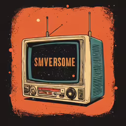 an old television sitting in front of an orange background