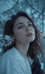 a woman is posing in front of a tree with flowers