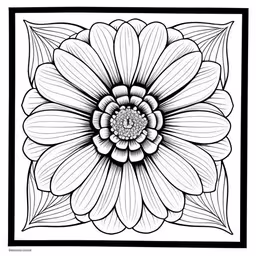 a black and white flower on a square tile,a black and white floral with leaves is shown,a large flower is drawn in a square,black and white flowers with leaves in the middle,a black and white flower that looks like it has petals on it