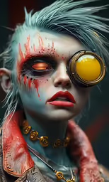 a woman with white hair and orange eyes wearing a silver face makeup