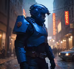 a man wearing a futuristic suit on the street in front of a car,a man in a futuristic suit and helmet on the street