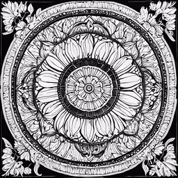 an intricately designed floral design with black and white ink,a black and white drawing depicting an intricate circle