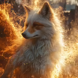 there is an image of a red fox with a lot of fire in the background