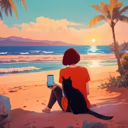 the person is sitting on the beach using a laptop,a woman sitting on top of a beach with a cat