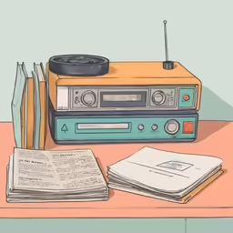 a radio sits beside two books on a table