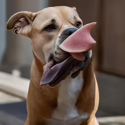 a tan dog holding a pink piece of food in its mouth