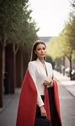 a woman is dressed in a white shirt and red cape