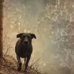 a dog running along a path in the forest