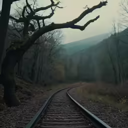 a train track leading through a wooded area