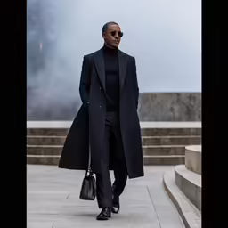 a man in a black outfit and a black coat walking down a staircase