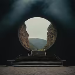a large arched stone entrance with stairs going through it