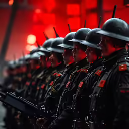 military officers wearing helmets and holding rifles