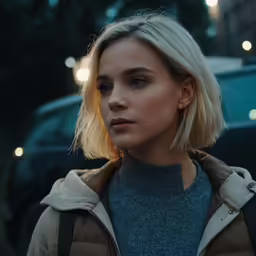 blonde woman with blue shirt standing in the street