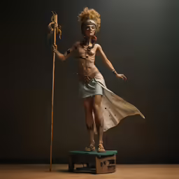 a woman with a feather and headdress holding a stick
