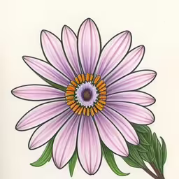a purple flower with two leaves on a white background,the colorful flower is pink with a purple center