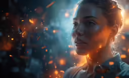 a woman with glowing lights and a dark background