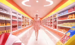 a woman wearing a hat walks down a supermarket aisle