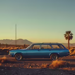 an old, blue car is parked in front of the desert