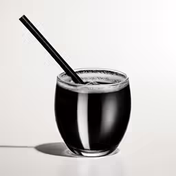 a black cocktail is sitting in a wine glass