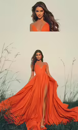 a woman wearing a long orange dress and high heels
