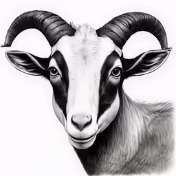 a goat with very large horns stands against a white background