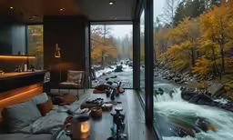 a large open room with a table on the side