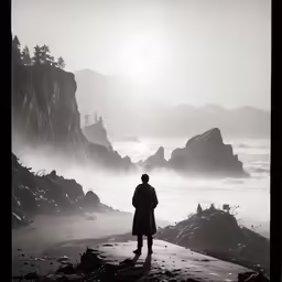 a man standing on top of a cliff by the ocean