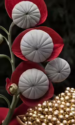 closeup of red and white flowers and balls