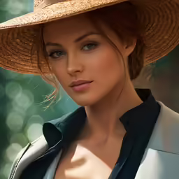 a beautiful woman wearing a tan hat