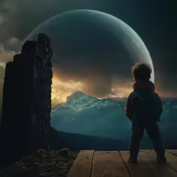 a small child is looking at the stars in the sky