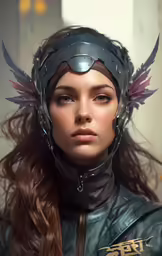 an artistic rendering of a woman in a leather jacket with wings