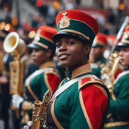 woman in military uniform playing instruments and marching down a city street