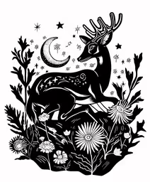 an image of deer and flowers in black and white,a drawing of two deers in the grass with flowers