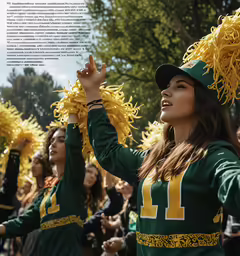 a group of girls dressed in green and yellow cheer