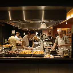 two workers are preparing pastries at the counter