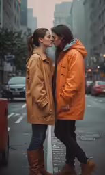 two women standing on the sidewalk with a man in an orange jacket and yellow jacket kissing
