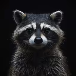 a baby raccoon looking at the camera with blue eyes