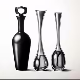 a drawing of three black vases and a bottle