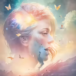 a woman in the air, surrounded by butterflies