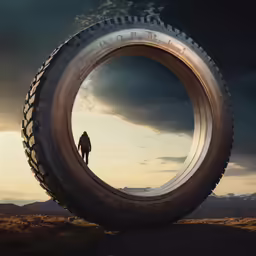 man in black coat standing in tire - shaped hole