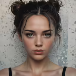 a woman wearing a black top with her hair in a bun