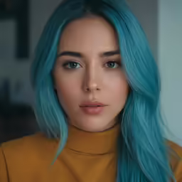 a beautiful woman with blue hair wearing a turtle neck sweater