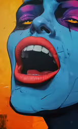an altered photograph of a person with large mouth and blue nose