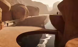 a man standing at the edge of a cliff with a body of water between two mountains