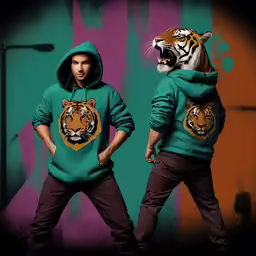 two people in green jackets with an image of a tiger on them